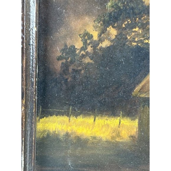 TEXAS ARTIST M. VERMILLION SIGNED OIL LANDSCAPE PAINTING-CABIN YELLOW SKY TREES - Picture 9 of 14